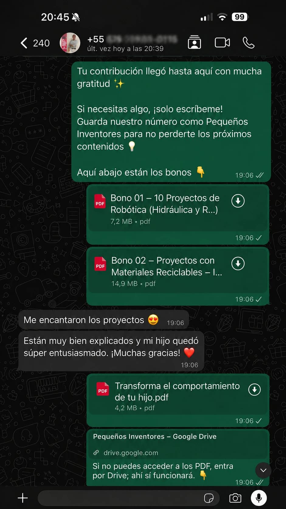 Captura de una conversación real con una familia que probó Mentes en Acción