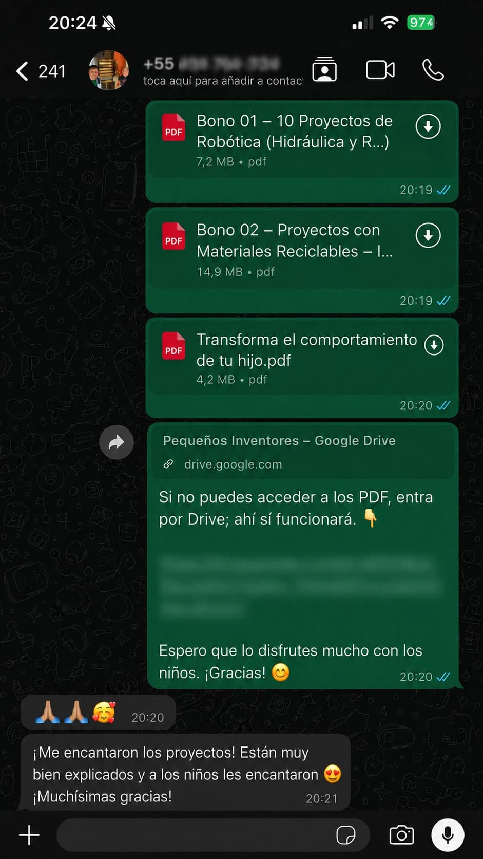 Captura de una conversación real con una familia que probó Mentes en Acción