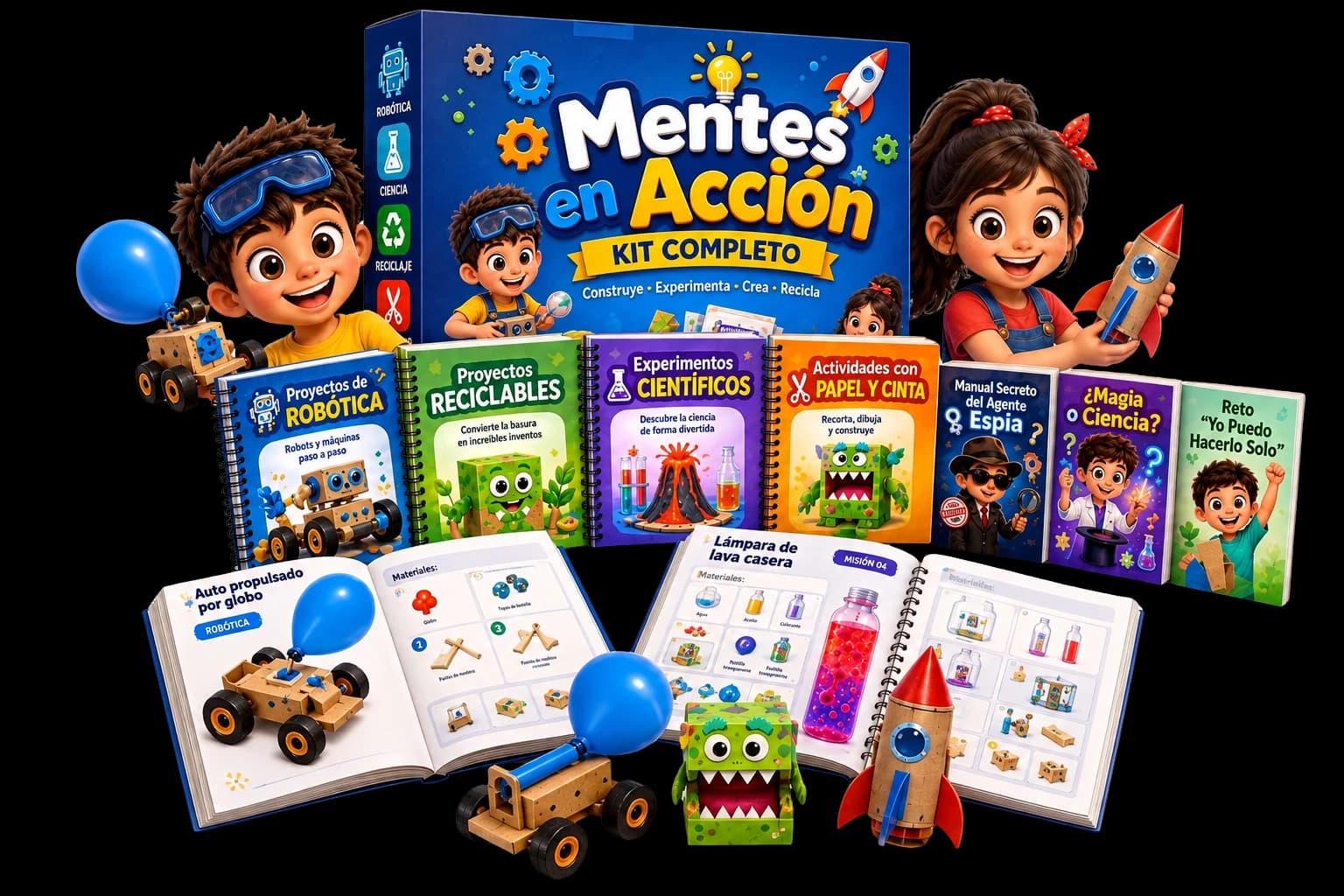 Niños creando proyectos de robótica, ciencia y reciclaje con el kit Mentes en Acción